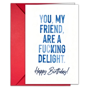 Modern white birthday card with blue text and a vibrant red envelope set