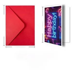 Detailed view of neon style Happy Birthday card set with matching red envelope dimensions