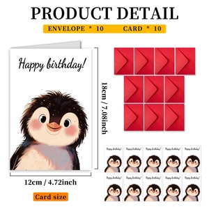 Set of 10 cute penguin birthday cards and red envelopes with 12x18cm size labels