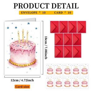 Detail showing dimensions of 10-piece watercolor birthday card set with red envelopes