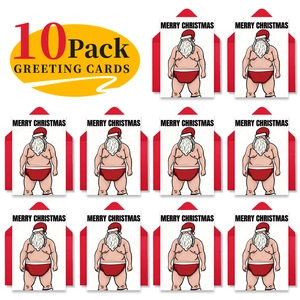 Detailed grid view of 10-pack funny Santa Claus greeting cards with red envelopes