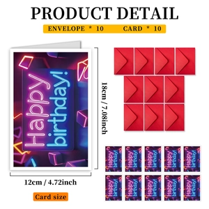 Neon style Happy Birthday cards set with red envelopes and detailed measurements
