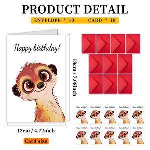 Detail view of 10 cartoon meerkat birthday cards with red envelopes and size specifications