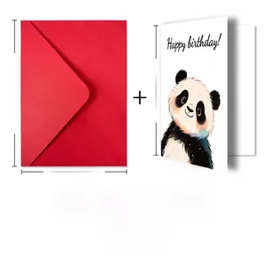 Detailed view of panda birthday card and red envelope with precise metric dimensions