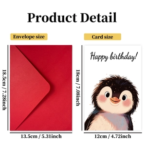 Cartoon penguin birthday card set with red envelope and size dimensions in centimeters