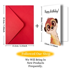 Detailed size specifications for the cartoon meerkat birthday card and red envelope set