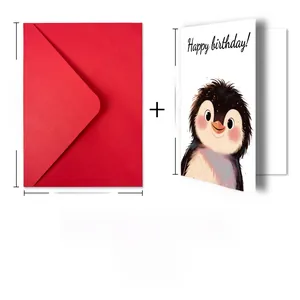 Detailed size view of cute penguin birthday card 18x12cm with red envelope 18.5x13.5cm