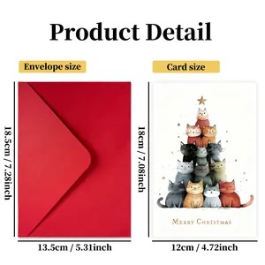 Christmas card set with red envelope and cat-stacked Christmas tree illustration and dimensions