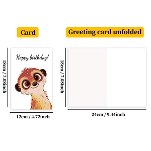 Detailed size specifications for cartoon mongoose birthday cards folded and open views