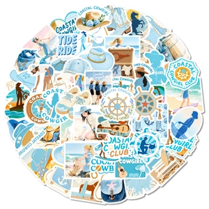 56 pieces of coastal cowgirl stickers with blue western cowboy and beach themed illustrations