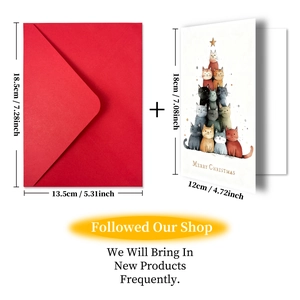 Detailed size view of cat stack Christmas tree card and red envelope set dimensions