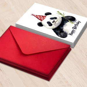 Cute panda watercolor birthday card set with red envelopes on light wood background