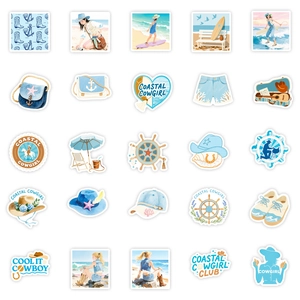Set of 25 coastal cowgirl stickers with blue ocean and western cowboy aesthetic patterns