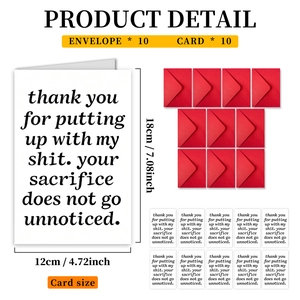 Detail of 10 minimalist thank you cards with red envelopes and artistic font design