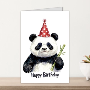 Detail of a watercolor panda birthday card with bamboo and Happy Birthday text