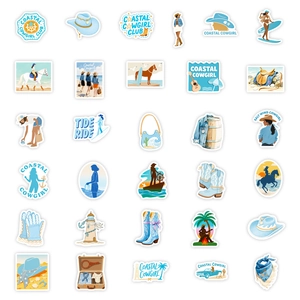 Grid layout of 30 Coastal Cowgirl stickers featuring blue boots and surfing boards