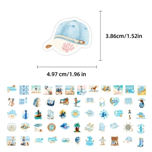Detailed size chart for blue Coastal Cowgirl stickers showing precise height and width