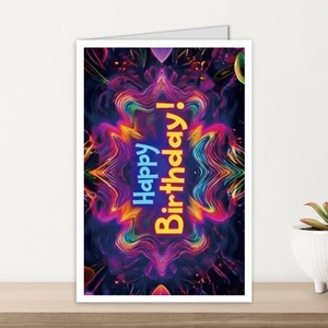 Modern neon birthday card with Happy Birthday text standing on a wooden shelf next to a plant