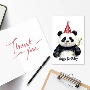 Detail of cute panda birthday card and thank you note with watercolor illustration style