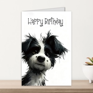 Detail of large birthday card with cute puppy illustration on a wooden shelf