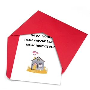 New home greeting card set with red envelope and minimalist house illustration