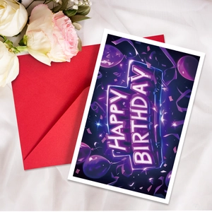 Neon style Happy Birthday card with red envelope and decorative roses on silk