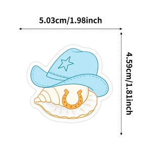 Detail view of coastal cowboy stickers showing size dimensions of blue hat and seashell