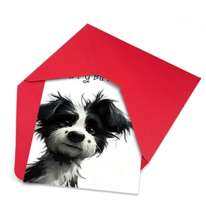Large Happy Birthday card with cute puppy illustration and vibrant red envelope