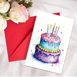 Dettaglio del biglietto d'auguri acquerello con una busta rossa di alta qualità
