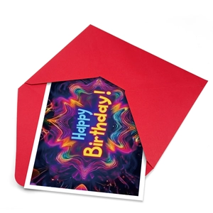 Neon Happy Birthday card set with vibrant psychedelic patterns and red envelope
