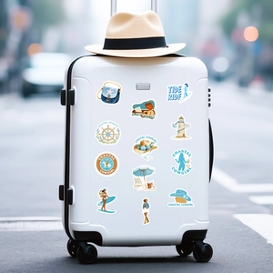 Coastal cowgirl vinyl stickers applied to a white suitcase for a summer travel aesthetic