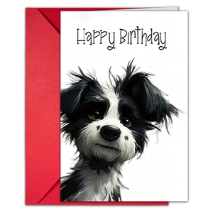 Large birthday card with cute black and white dog illustration and a vibrant red envelope