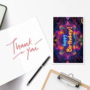 Neon Happy Birthday and Thank You card set displayed on a clean white office desk
