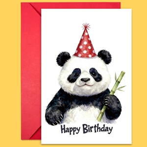 Detail of cute panda watercolor birthday card with red envelope on yellow background
