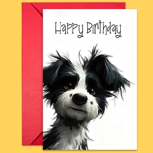 Flat lay of cute puppy birthday card with red envelope on a vibrant yellow background