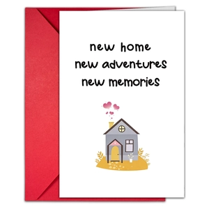 New home greeting card set with red envelope and cozy house illustration design