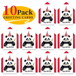Detailed view of 10 pack birthday cards featuring cute watercolor pandas and red envelopes