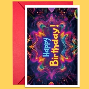 Top view of neon birthday card with colorful kaleidoscope patterns and a red envelope