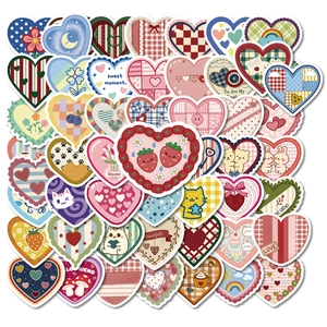 56 Stuks Vintage Hart Doodle Stickers Schattige Cartoon Dier Ruitjespatroon Waterdicht DIY Journal Decoratieve Stickers Set