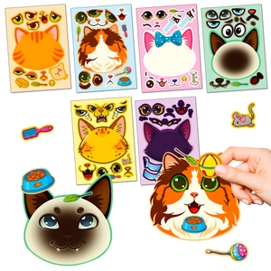 6-sheet set of cute DIY cat face sticker puzzles for kids with various expressions and bows
