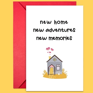 New home greeting card with hand-drawn house illustration and red envelope on yellow background