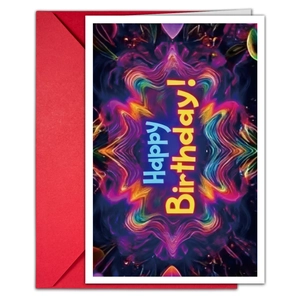 Neon birthday card with kaleidoscope art and happy birthday text with a red envelope