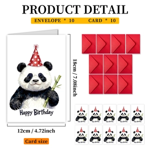 Macro detail of cute panda birthday card set including 10 cards and 10 red envelopes