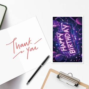 Neon Happy Birthday card set and folding Thank You note on a clipboard with a pen