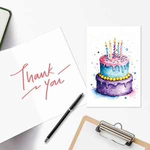 Dettaglio biglietto auguri con torta ad acquerello e scritta Thank You elegante