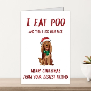 Detail van grappige kerstkaart met cartoon hond en bijpassende envelopset