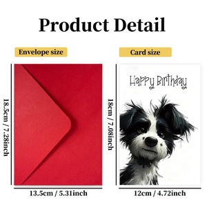 Large Happy Birthday card set with cute dog illustration and red envelope 18x12cm