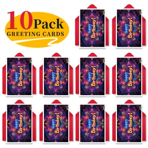 Grid layout showing a set of 10 vibrant nebula-style birthday cards and red envelopes