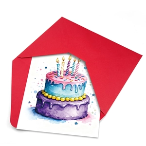 Set di biglietti d'auguri con illustrazione di torta e busta rossa vivace
