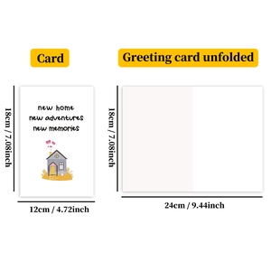 Detailed view of housewarming card dimensions and 'New Home' greeting text on white background